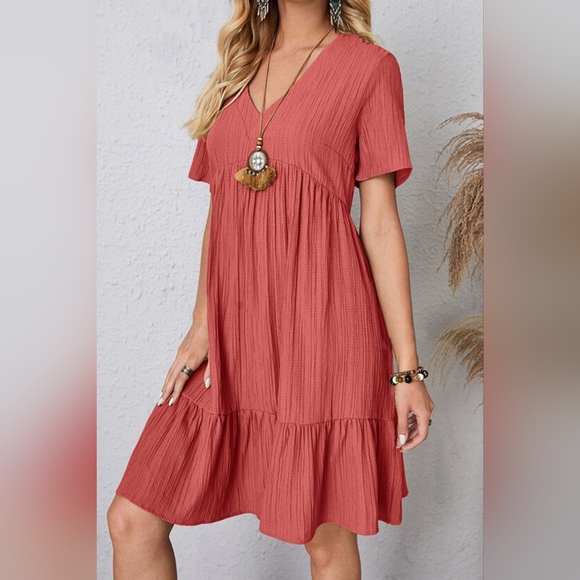 Full Size Ruched V-Neck Short Sleeve Dress - Picture 1 of 5